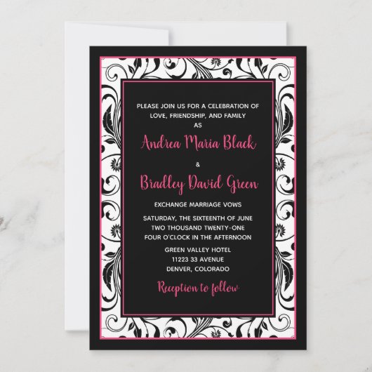 Hot Pink, Black en White Floral Wedding Invitation Kaart (Voorkant)