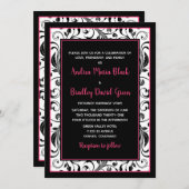 Hot Pink, Black en White Floral Wedding Invitation Kaart (Voorkant / Achterkant)