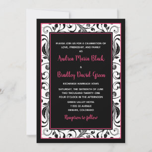 Hot Pink, Black en White Floral Wedding Invitation Kaart