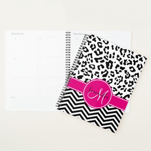Hot Pink Black en White Leopard Chevron Monogram Planner (Display)