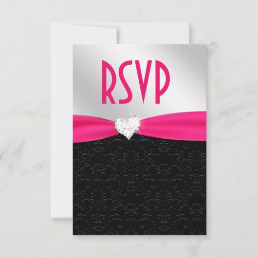 Hot Pink Black Floral Damask Diamond Heart RSVP (Voorkant)