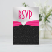 Hot Pink Black Floral Damask Diamond Heart RSVP (Staand voorkant)