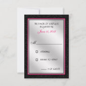 Hot Pink Black Floral Damask Diamond Heart RSVP (Achterkant)