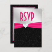 Hot Pink Black Floral Damask Diamond Heart RSVP (Voorkant / Achterkant)