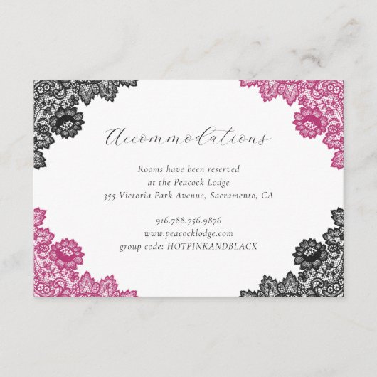 Hot Pink Black Floral Lace Wedding Accommodation Informatiekaartje (Voorkant)