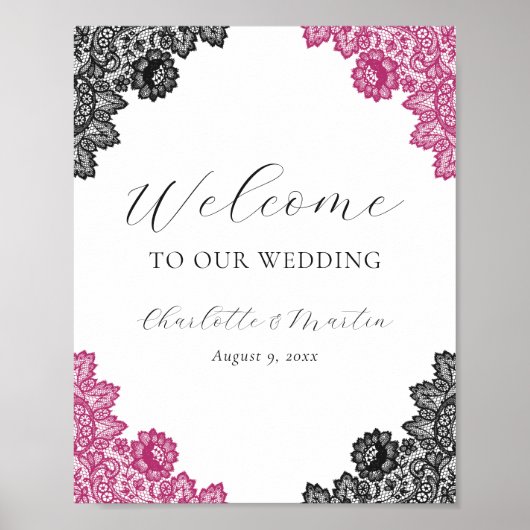 Hot Pink Black Floral Lace Wedding Welcome Sign Poster (Voorkant)