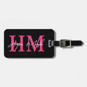 Hot Pink Black Girly Monogram Naam Bagagelabel (Voorkant horizontaal)