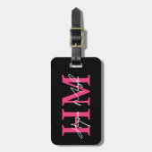 Hot Pink Black Girly Monogram Naam Bagagelabel (Voorkant verticaal)