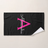 Hot Pink Black Girly Script Monogram Naam Handdoek (Handdoek)