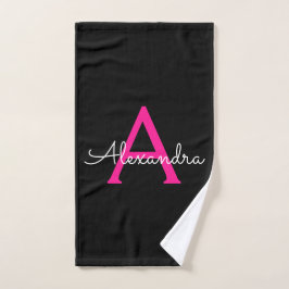 Hot Pink Black Girly Script Monogram Naam Handdoek