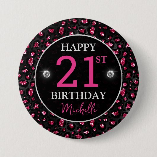 Hot Pink & Black Glitter Leopard Spots Verjaardag Ronde Button 7,6 Cm (Voorkant)