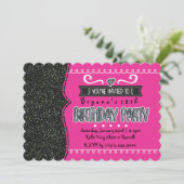 Hot Pink & Black Glitter Meisjes Uitnodigingen (Staand voorkant)