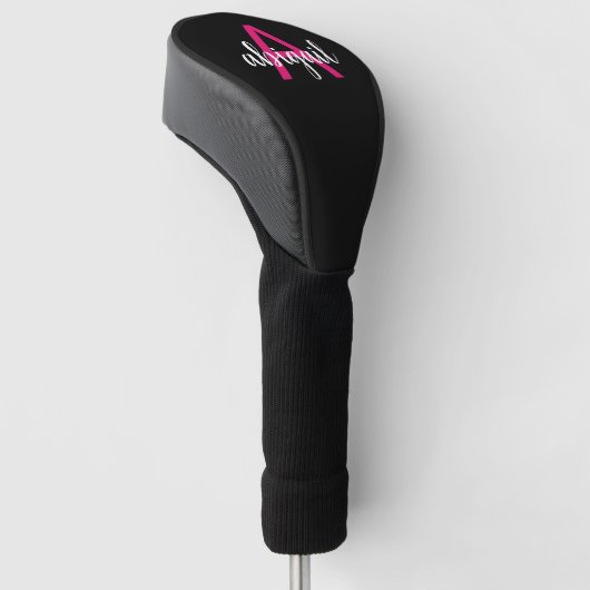 Hot Pink Black Golf Club Monogram Name Girly Golfheadcover (Schuin)