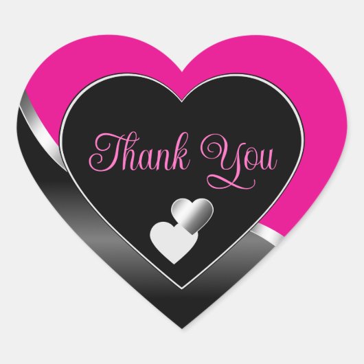 Hot Pink Black Hearts with Wavy Silver Thank You Hart Sticker (Voorkant)