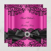 Hot Pink Black Lace Bow Birthday Party Kaart (Voorkant / Achterkant)