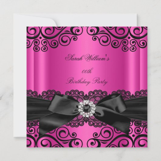 Hot Pink Black Lace Bow Birthday Party Kaart (Voorkant)