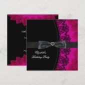 Hot Pink Black Lace Elegant Birthday Party Kaart (Voorkant / Achterkant)