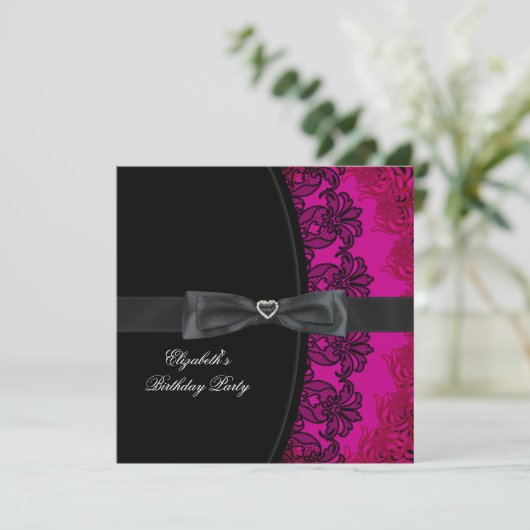 Hot Pink Black Lace Elegant Birthday Party Kaart (Staand voorkant)