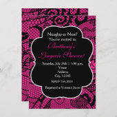 Hot Pink & Black Lace Lingerie Douche Uitnodiging (Voorkant / Achterkant)