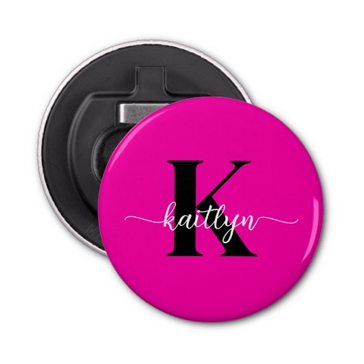 Hot Pink Black Monogram Button Flesopener (Voorkant)