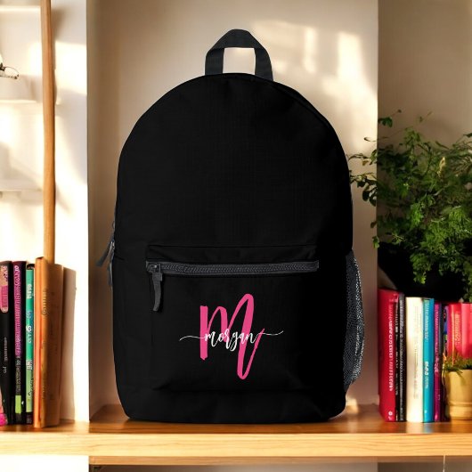 Hot Pink Black Monogram Meisje Terug naar school Bedrukte Rugzak