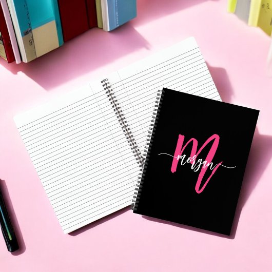 Hot Pink Black Monogram Meisje Terug naar school Notitieboek