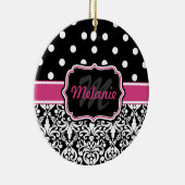 Hot Pink Black Monogrammed Damask Polka Dot Keramisch Ornament (Rechts)