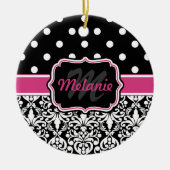 Hot Pink Black Monogrammed Damask Polka Dot Keramisch Ornament (Voorkant)