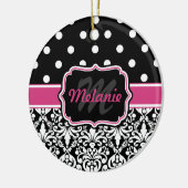 Hot Pink Black Monogrammed Damask Polka Dot Keramisch Ornament (Links)