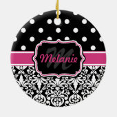 Hot Pink Black Monogrammed Damask Polka Dot Keramisch Ornament (Achterkant)