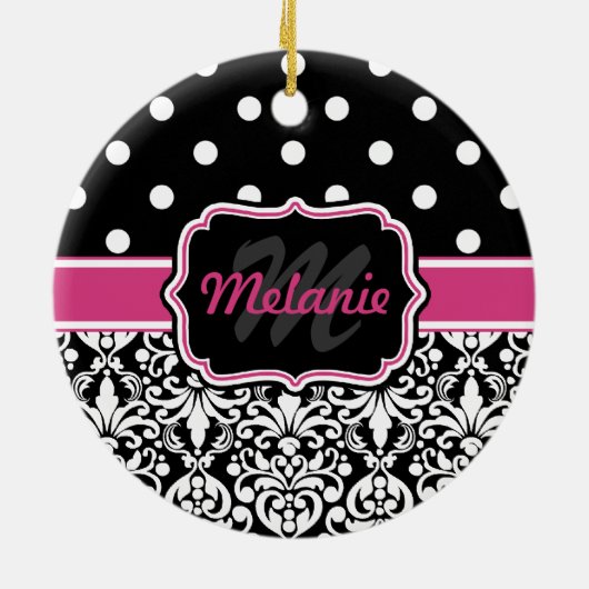Hot Pink Black Monogrammed Damask Polka Dot Keramisch Ornament (Achterkant)