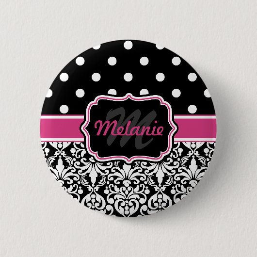 Hot Pink Black Monogrammed Damask Polka Dot Ronde Button 5,7 Cm (Voorkant)