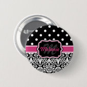 Hot Pink Black Monogrammed Damask Polka Dot Ronde Button 5,7 Cm (Voorkant /achterkant)