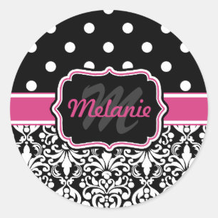 Hot Pink Black Monogrammed Damask Polka Dot Ronde Sticker