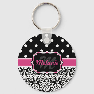 Hot Pink Black Monogrammed Damask Polka Dot Sleutelhanger