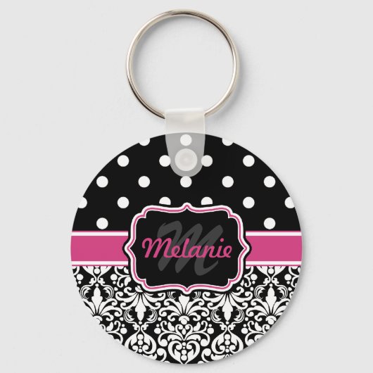 Hot Pink Black Monogrammed Damask Polka Dot Sleutelhanger (Voorkant)