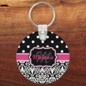 Hot Pink Black Monogrammed Damask Polka Dot Sleutelhanger (Voorkant)