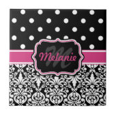 Hot Pink Black Monogrammed Damask Polka Dot Tegeltje (Voorkant)
