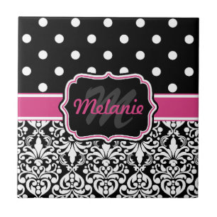 Hot Pink Black Monogrammed Damask Polka Dot Tegeltje