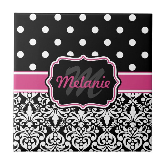 Hot Pink Black Monogrammed Damask Polka Dot Tegeltje (Voorkant)