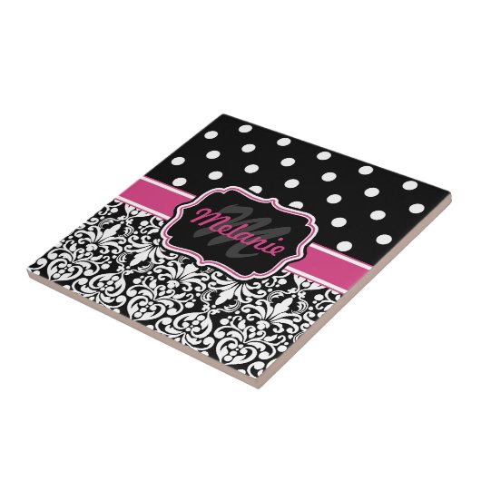 Hot Pink Black Monogrammed Damask Polka Dot Tegeltje (Zijkant)