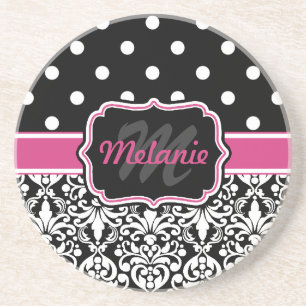 Hot Pink Black Monogrammed Damask Polka Dot Zandsteen Onderzetter