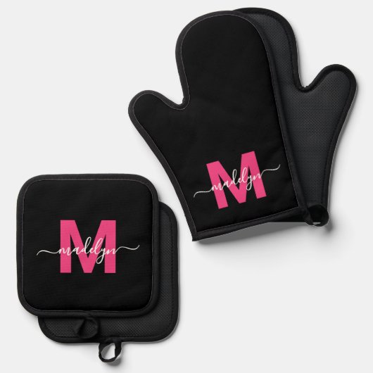 Hot Pink Black Naam Monogram Ovenwant & Pannenlap Set (Voorkant / Achterkant)