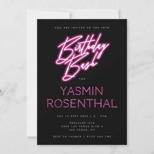 Hot Pink Black Neon Lights Girly Verjaardag Bash Kaart (Voorkant)