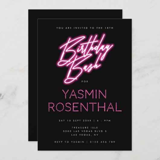 Hot Pink Black Neon Lights Girly Verjaardag Bash Kaart (Voorkant / Achterkant)