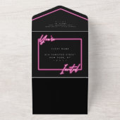 Hot Pink Black Neon Lights Girly Wedding All In One Uitnodiging (Buitenkant)