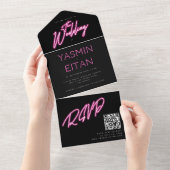Hot Pink Black Neon Lights Girly Wedding All In One Uitnodiging (Afscheurbaar)