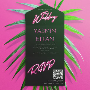 Hot Pink Black Neon Lights Girly Wedding All In One Uitnodiging