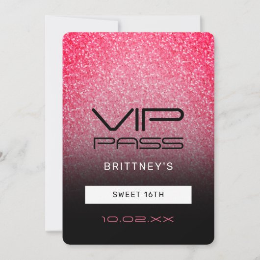 Hot Pink Black Ombre Glitter Sweet 16th VIP Pass Kaart (Voorkant)