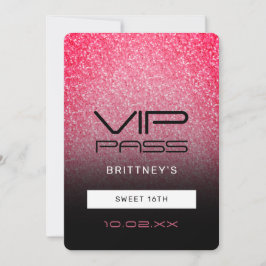 Hot Pink Black Ombre Glitter Sweet 16th VIP Pass Kaart